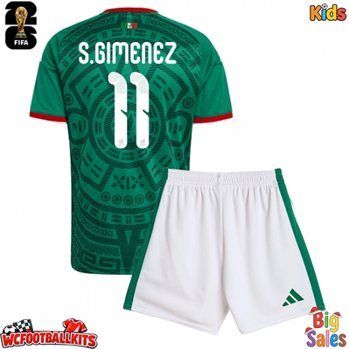 Mexico Santiago Gimenez #11 Replica Home Stadium Kit for Kids World Cup 2026 Short Sleeve (+ pants)